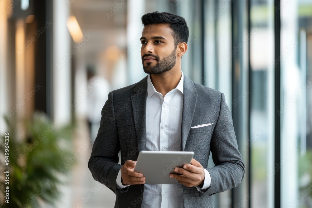 Busy Indian business man project manager looking away holding digital tablet walking in office Busy Indian business man project manager looking away holding digital tablet walking in office