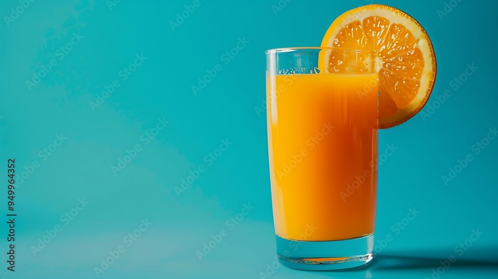 Orange juice in a glass with a slice of orange on a blue background Orange juice in a glass with a slice of orange on a blue background