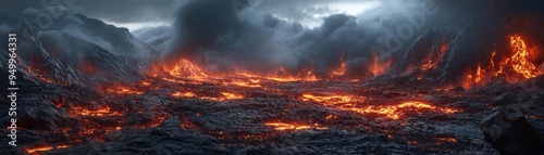 Volcanic terrain, lava flows, ash clouds, and jagged rock formations, 3D landscape