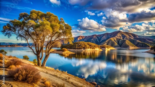 Lake Cachuma, California, USA in January with a dramatic low-angle shot, emphasizing the rugged landscape and towering trees surrounding the lake photo