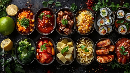 Wallpaper Mural A beautifully arranged collage of world cuisine, with sushi, pasta, curry, and tacos, each plated in traditional styles, set against a backdrop that reflects global diversity, Torontodigital.ca