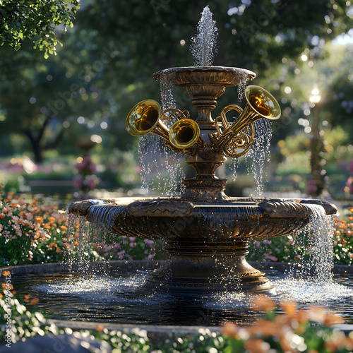 Charming stone water fountain flowing serenely, framed by majestic mountains and lush landscapes picture photo