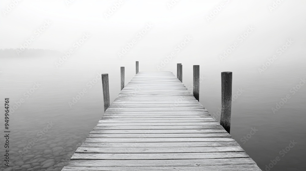Naklejka premium Solitude on the Shore: Fog-Enshrouded Pier, Echoes of a Bustling Harbor, Coastal Serenity in Grayscale Elegance