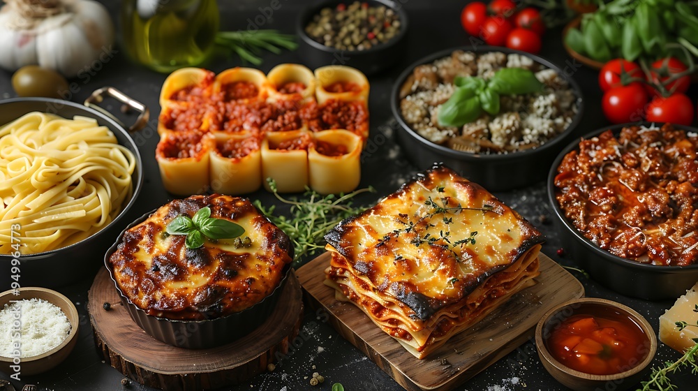 A classic pasta perfection collage featuring creamy fettuccine, savory spaghetti bolognese, and layers of baked lasagna, all served on elegant Italian ceramic dishes,