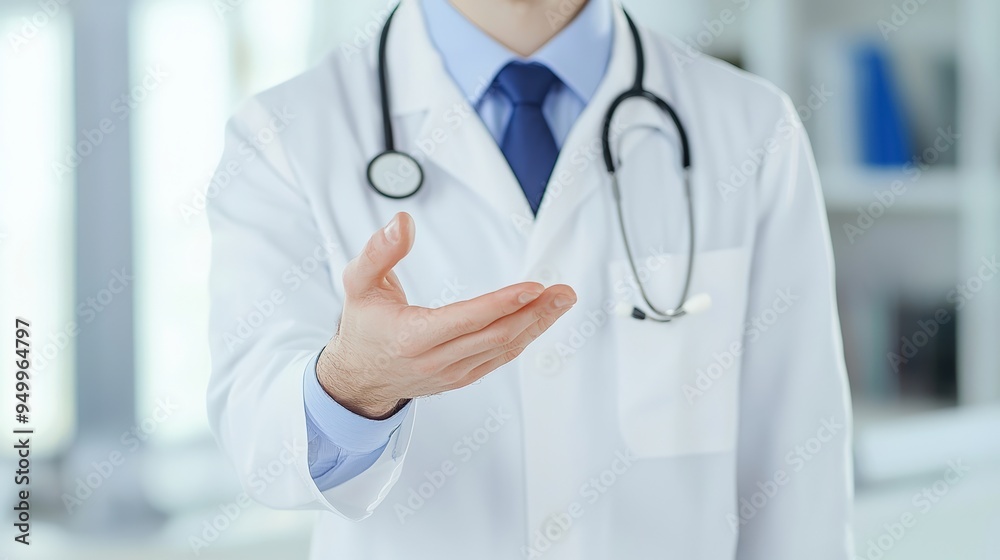 Doctor in a white coat with a stethoscope holding out his hand to the camera, offering a friendly gesture to a patient in a clinical setting Doctor in a white coat with a stethoscope holding out his hand to the camera, offering a friendly gesture to a patient in a clinical setting