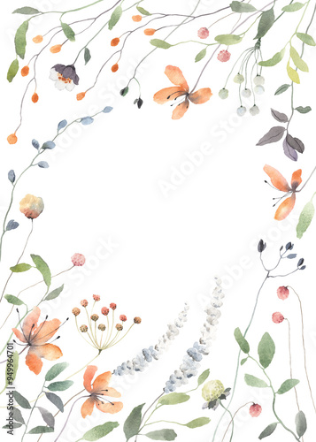 Wallpaper Mural Floral vertical frame with delicate abstract plants and flowers, watercolor isolated illustration for your text, cover, banner or template floral card.  Torontodigital.ca