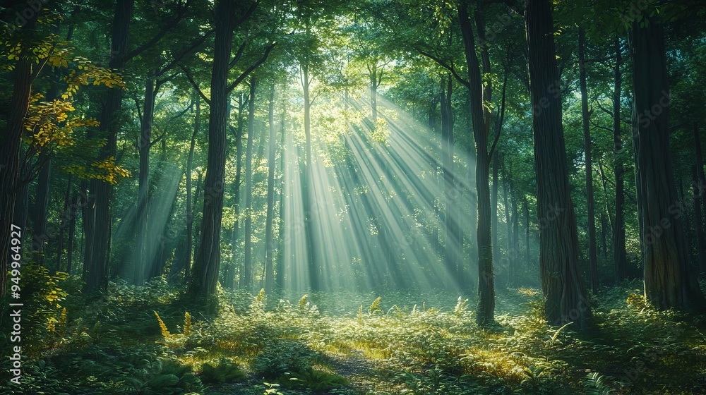Fototapeta premium Enchanted forest with rays of sunlight piercing through, Enchanted forest sunlight, Magical woodland ambiance