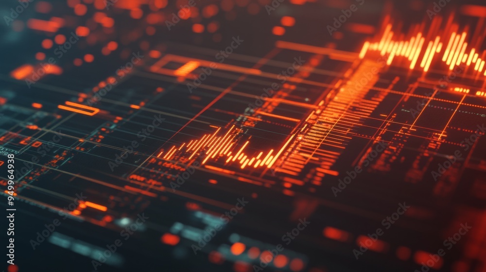 A close-up of a financial chart with fluctuating lines and bar graphs, overlaid with numerical data and percentages, on a sleek digital screen. A close-up of a financial chart with fluctuating lines and bar graphs, overlaid with numerical data and percentages, on a sleek digital screen.
