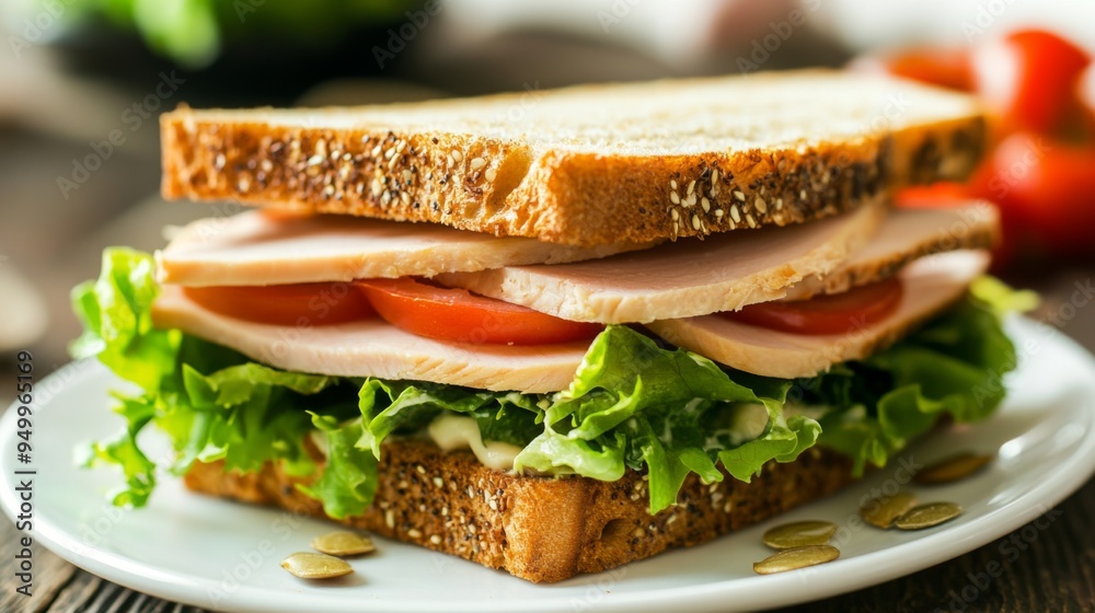 A close-up of a freshly made sandwich with layers of turkey, lettuce, and tomato, showcasing the vibrant ingredients and crisp textures on a white plate. A close-up of a freshly made sandwich with layers of turkey, lettuce, and tomato, showcasing the vibrant ingredients and crisp textures on a white plate.