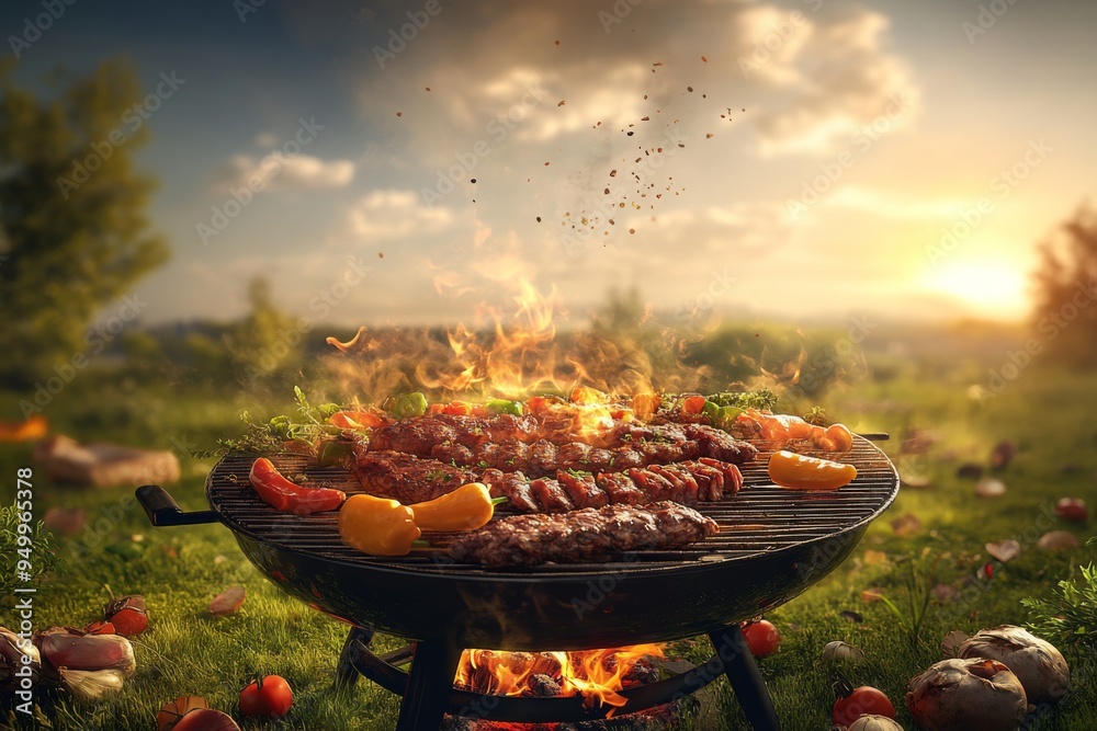 a dramatic barbecue scene with a large grill in the center, loaded with sizzling meats and vegetables, amidst a backdrop of vibrant green grass, a few trees, and a sunny sky with a few puffy a dramatic barbecue scene with a large grill in the center, loaded with sizzling meats and vegetables, amidst a backdrop of vibrant green grass, a few trees, and a sunny sky with a few puffy