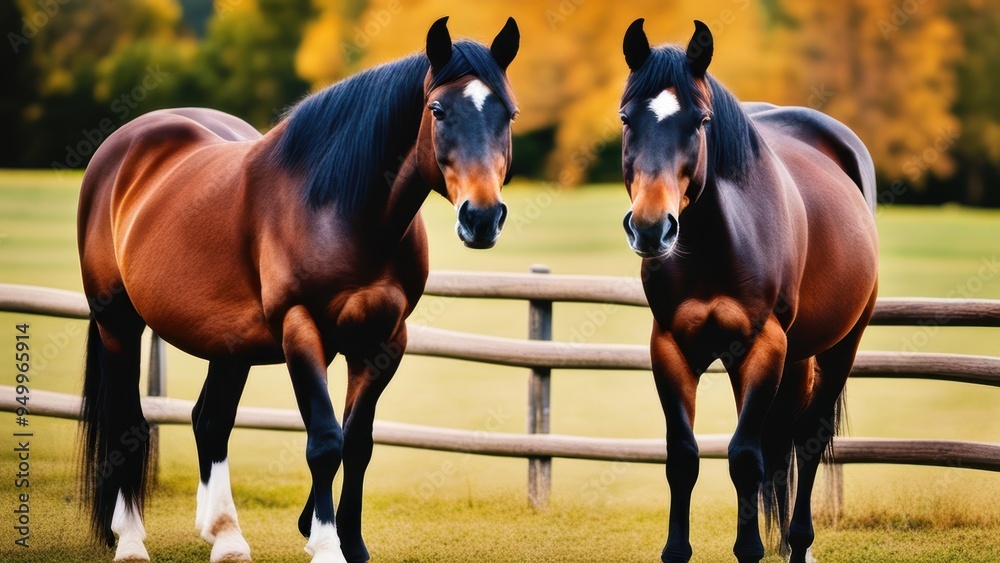 Two brown Clydesdale horses standing side by side in front of a wooden ...