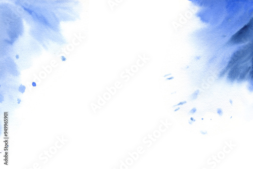 watercolor white template with dynamic brush strokes, splashes, blots, blue liquid artistic paint stains, abstract textured hand drawn background for different designs, posters, card