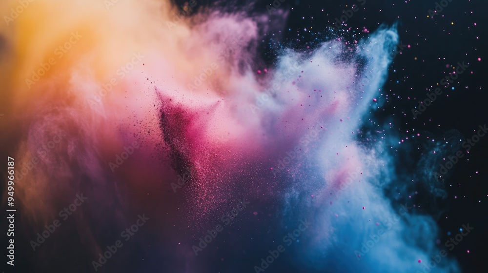 A close-up of colorful powder being thrown into the air, with particles scattering in all directions. A close-up of colorful powder being thrown into the air, with particles scattering in all directions.
