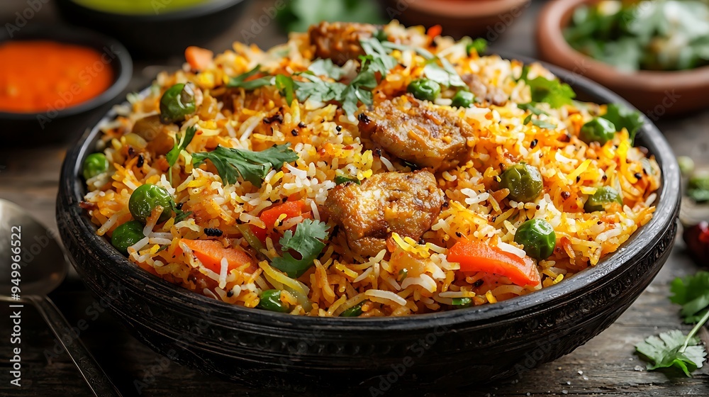Chicken biryani with peas, carrots, and cilantro, creating a vibrant and flavorful dish. Chicken biryani with peas, carrots, and cilantro, creating a vibrant and flavorful dish.