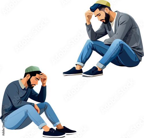 Young muslim man touching his head and feeling sad