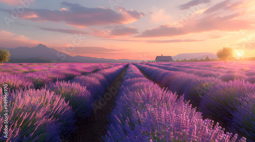 Serene Lavender Field at Sunrise with Rows of Blooming Lavender Stretched Across the Horizon, Capturing the Tranquil Beauty of Nature and the Peaceful Ambiance of Early Morning Light