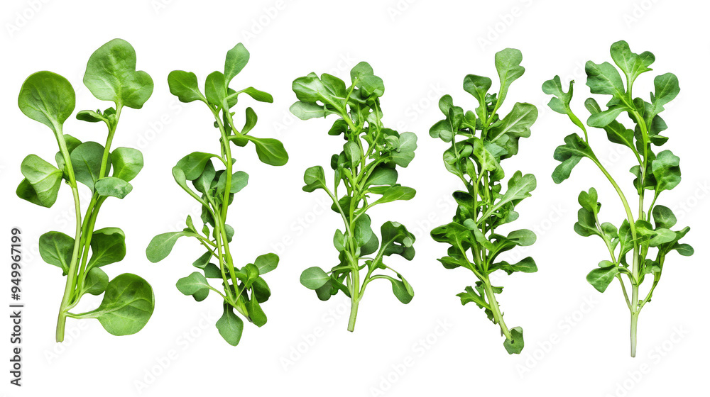 A collection of green plants rucola with different shapes and sizes A collection of green plants rucola with different shapes and sizes
