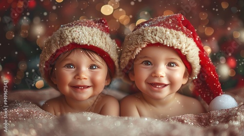 Two adorable twin babies wearing Santa hats, smiling joyfully.