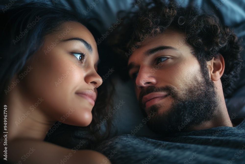 Closeup of couple with relationship problems having emotional conversation while lying in bed at home Closeup of couple with relationship problems having emotional conversation while lying in bed at home