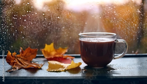 Rainy Day Comfort Scene - Autumn scene with a cup of hot chocolate on a tabletop next to a window sill. Graphic art illustration poster