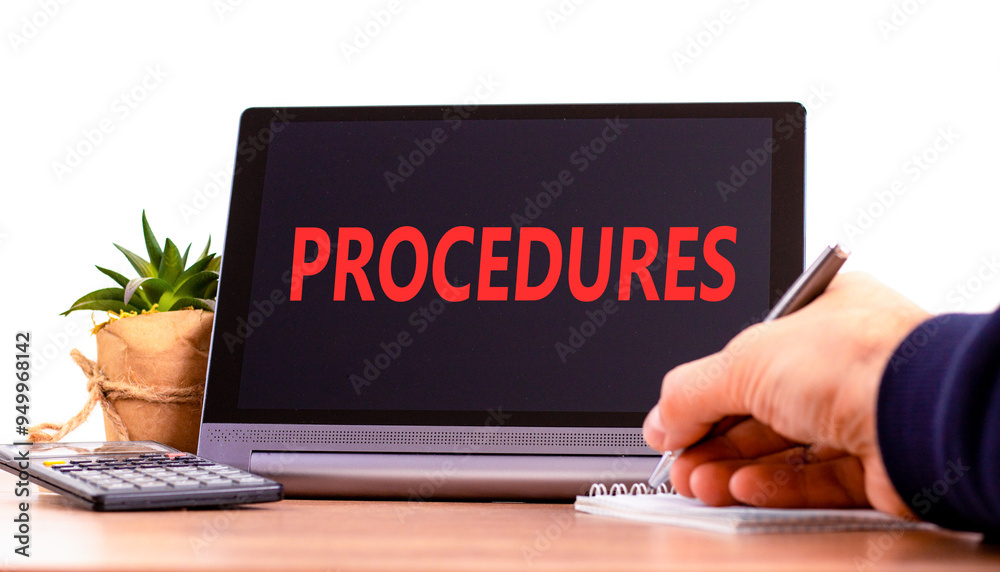 Procedures symbol. Concept word Procedures on beautiful black tablet. Beautiful wooden table white background. Businessman hand with pen. Business procedures concept. Copy space. Procedures symbol. Concept word Procedures on beautiful black tablet. Beautiful wooden table white background. Businessman hand with pen. Business procedures concept. Copy space.