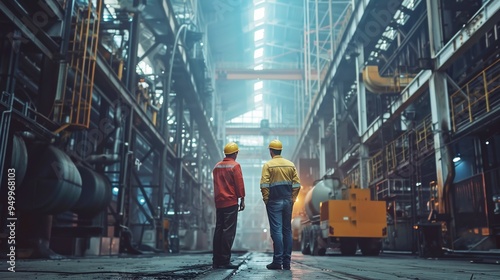 Engineer Inspecting Machinery Discussing Operations in Large Industrial Facility