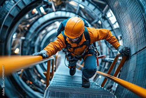 Industrial Worker Climbing Inside a Complex Structure