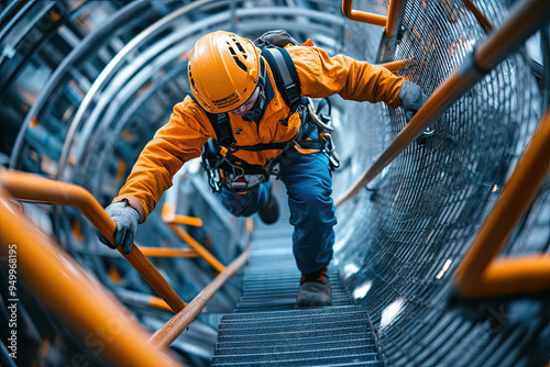Industrial Worker Climbing Inside a Complex Structure