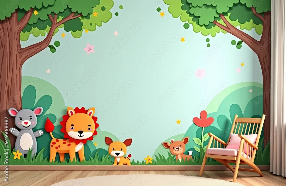 A vibrant children’s room wall mural featuring a cartoon-style woodland scene with a koala, lion, and deer among trees and flowers. A vibrant children’s room wall mural featuring a cartoon-style woodland scene with a koala, lion, and deer among trees and flowers.
