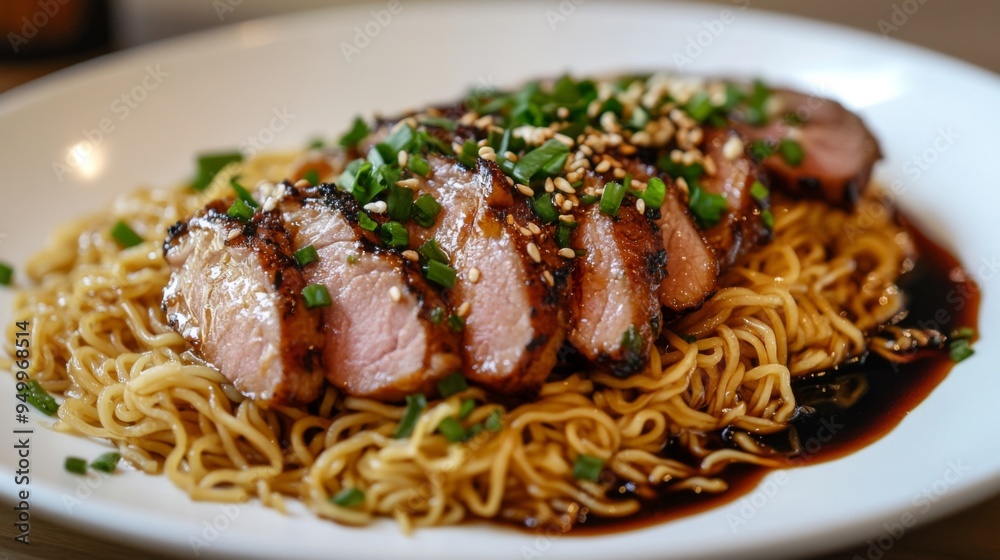 A close-up of a serving of noodles with succulent meat slices and a drizzle of savory sauce, elegantly presented on a white plate for a minimalist and appetizing look. A close-up of a serving of noodles with succulent meat slices and a drizzle of savory sauce, elegantly presented on a white plate for a minimalist and appetizing look.