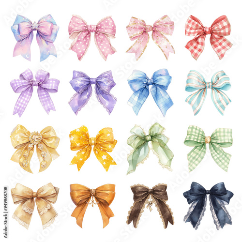 PNG coquette ribbon bow design element set, transparent background