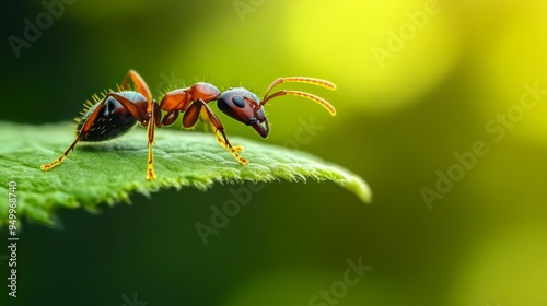 A close-up of a single ant crawling across a leaf, showcasing its detailed body and legs against a clean background. photo