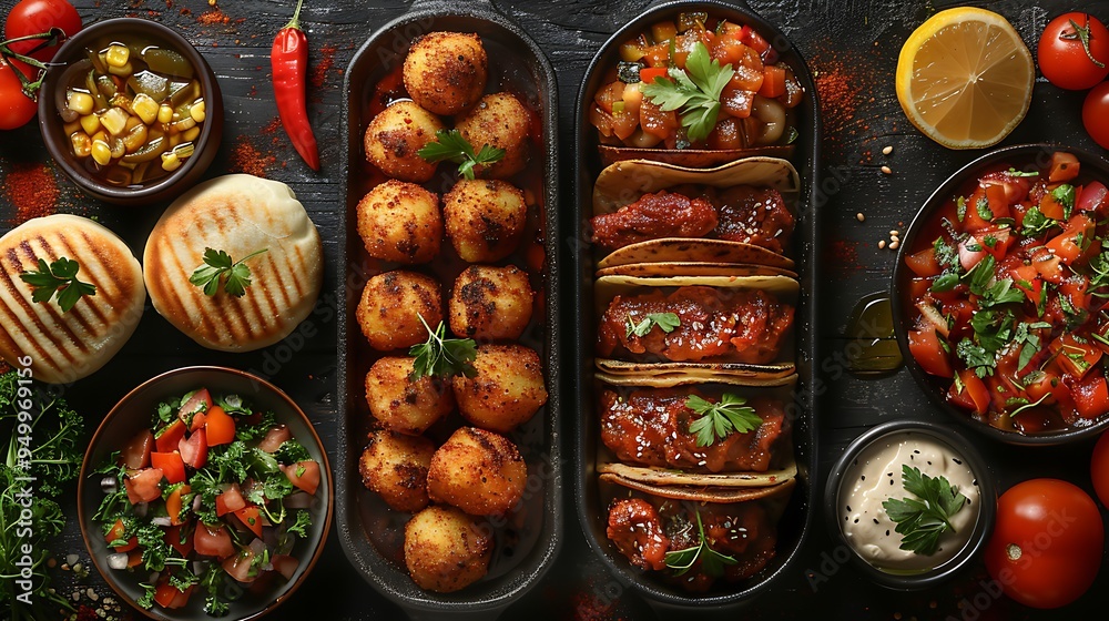 A dynamic collage of global street foods including crispy falafel, fluffy bao buns, spicy tacos, and sweet crepes, all served in casual dishes, set against a lively street market backdrop with warm, A dynamic collage of global street foods including crispy falafel, fluffy bao buns, spicy tacos, and sweet crepes, all served in casual dishes, set against a lively street market backdrop with warm,