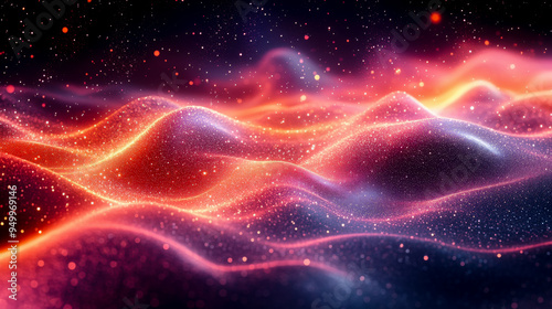 Abstract red particles background forming dynamic waves and ripples