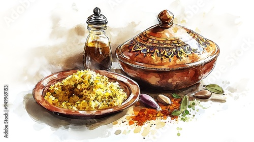 Moroccan Tagine with Couscous and Spices Watercolor Illustration photo