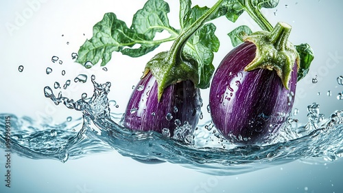 Fresh organic Eggplants dropping into water, Water Splash, showcasing vibrant colors and textures on a solidcolored background photo