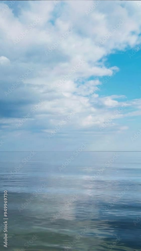 Vertical video of tranquil seascape with dramatic cloudy sky reflected in mirror blue water surface of calm sea at fine summer day. With no people simple beautiful natural background animation. Vertical video of tranquil seascape with dramatic cloudy sky reflected in mirror blue water surface of calm sea at fine summer day. With no people simple beautiful natural background animation.