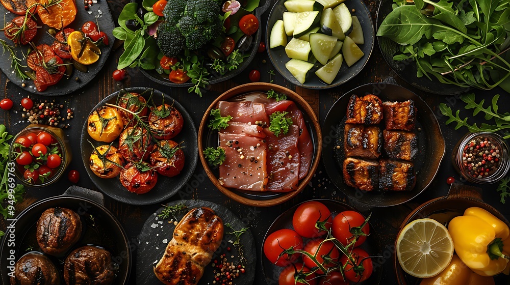 Fototapeta premium A farm-to-table feast collage featuring a variety of fresh salads, roasted vegetables, and grilled meats, each plated on artisanal dishes, with a cozy wooden table setting and warm,