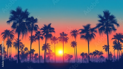 A breathtaking sunset view with palm trees silhouetted against vibrant orange and blue hues in a tropical paradise.