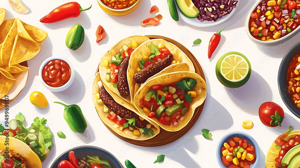 Mexican Food Flat Lay Tacos Salsa and Toppings Mexican Food Flat Lay Tacos Salsa and Toppings