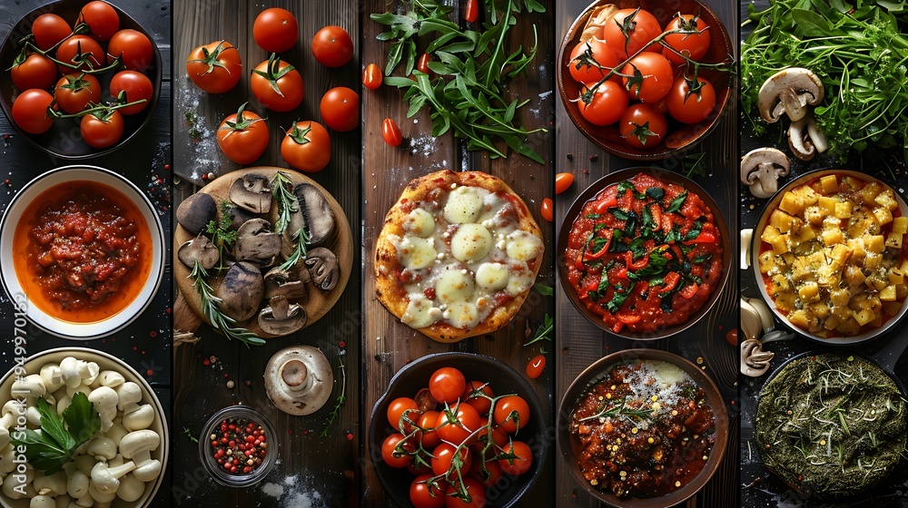 A festive pizza party collage with pizzas featuring toppings such as mozzarella, arugula, and mushrooms, each pizza on rustic wooden boards and ceramic plates, set against a cozy,