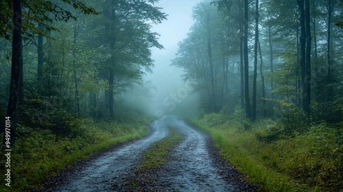 Enchanting Morning: Mystical Forest Road Shrouded in Serene Fog