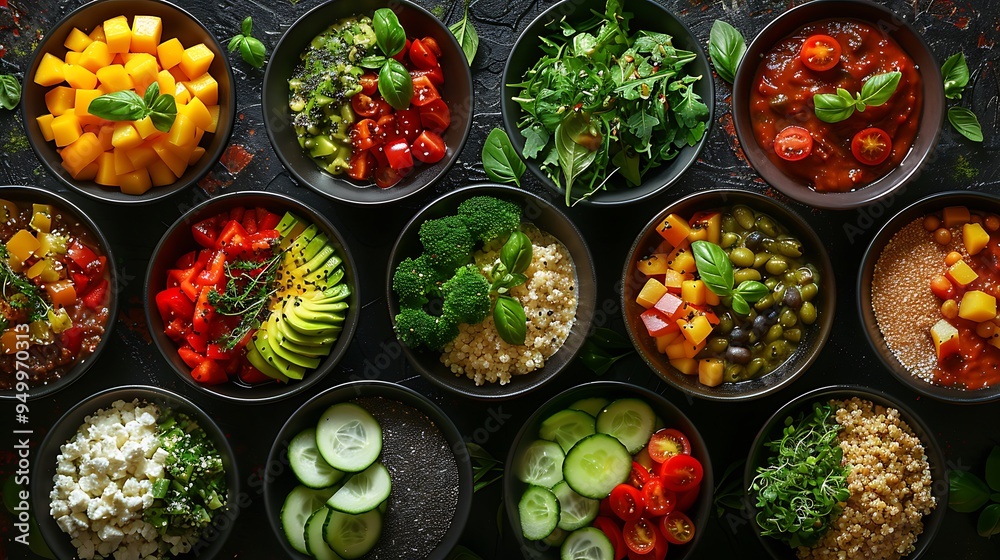 A fresh and colorful collage of healthy bowls featuring smoothie bowls, quinoa bowls, and salad bowls, each filled with vibrant fruits, leafy greens, and wholesome grains, A fresh and colorful collage of healthy bowls featuring smoothie bowls, quinoa bowls, and salad bowls, each filled with vibrant fruits, leafy greens, and wholesome grains,