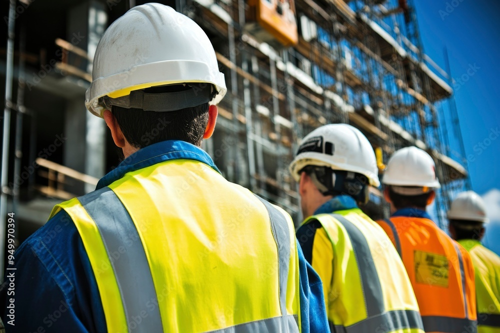 Obraz premium Construction Workers Looking at a Building Under Construction