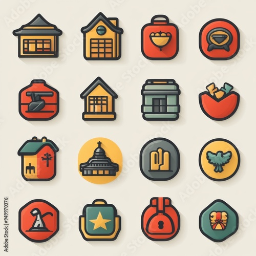 Vector icons set representing voluntary work, country protection, and employment industries.   photo