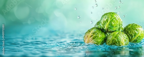 Fresh organic Brussels Sproutss dropping into water, Water Splash, showcasing vibrant colors and textures on a solidcolored background photo