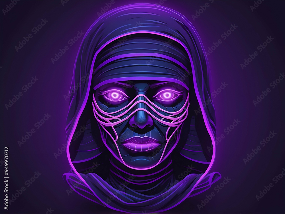 abstract Neon mummy face in purple and violet color. Illuminated graphic element decoration Hallowee abstract Neon mummy face in purple and violet color. Illuminated graphic element decoration Hallowee
