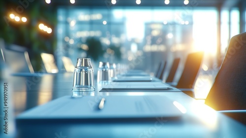 Modern conference room featuring a long table, comfortable chairs, and greenery, perfect for meetings and collaborations.