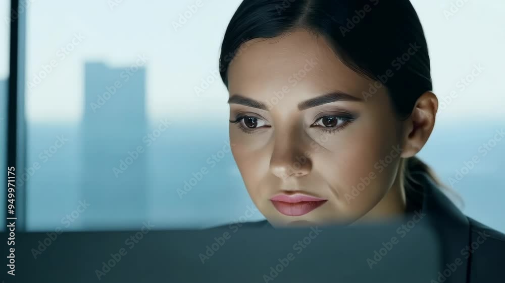 Focused Businesswoman Engrossed in Laptop Work at Office Desk Focused Businesswoman Engrossed in Laptop Work at Office Desk