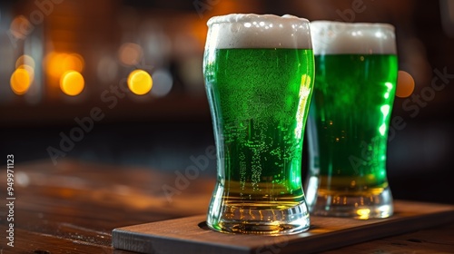 Two glasses of green beer on a wooden table with blurred bokeh lights in the background. Concept of festive drinks and celebrations. St. Patrick's Day.